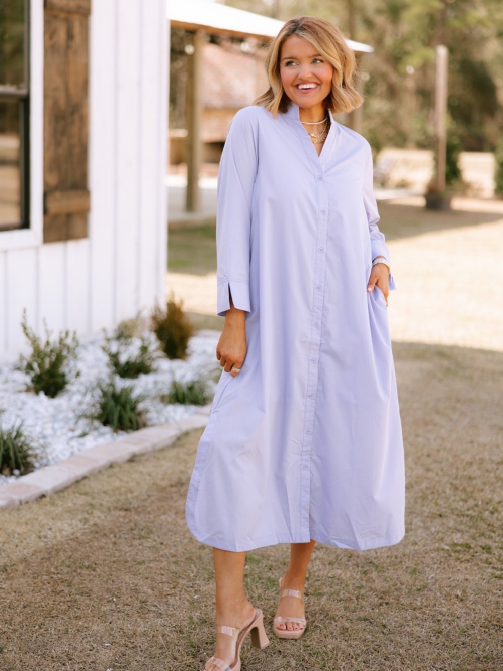 entro Soft Lavender Button-Front Midi Dress